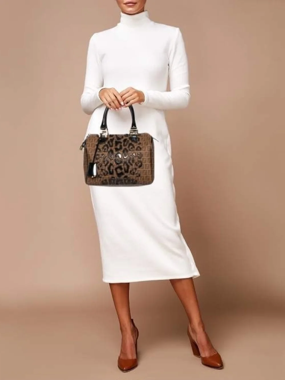 Fendi Zucchino Coated Canvas And Patent Leather Boston Bag Brown/Black